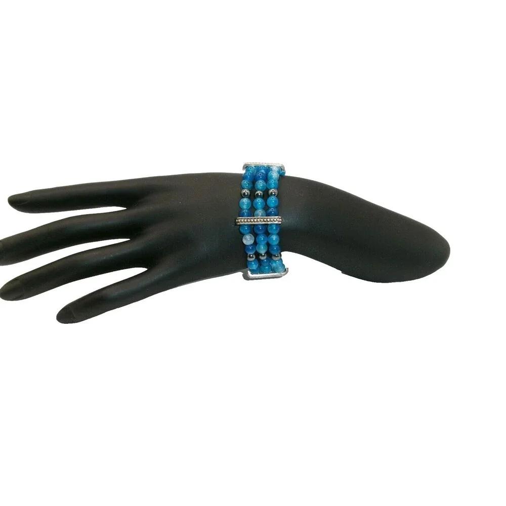 Blue Agate Beaded Bracelet 3 Strands  Hematite Silver & Gold Tone Handmade 6.5